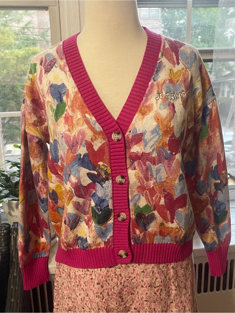 Aqua Multicolor Heart Print Cardigan with Fuchsia Trim